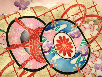 平和屋着物[]七五三　女の子　７歳　祝着　四つ身　雲取り鳳凰鼓梅文　金彩　逸品　CAAZ6998ze