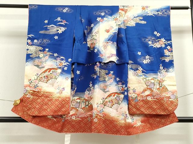 平和屋着物[]七五三 女の子 ３歳 祝着 三つ身 駒刺繍 扇面吉祥草花文 暈し染め 金彩 逸品 CAAZ6999ze