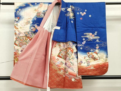 平和屋着物[]七五三　女の子　３歳　祝着　三つ身　駒刺繍　扇面吉祥草花文　暈し染め　金彩　逸品　CAAZ6999ze