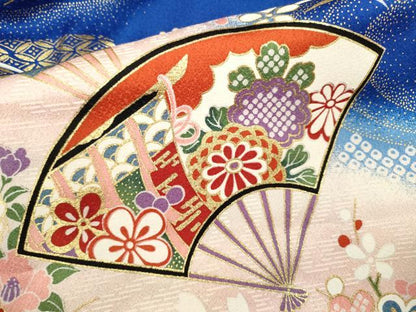 平和屋着物[]七五三 女の子 ３歳 祝着 三つ身 駒刺繍 扇面吉祥草花文 暈し染め 金彩 逸品 CAAZ6999ze