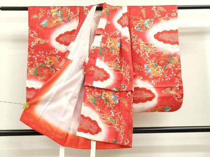平和屋着物[]七五三　女の子　３歳　祝着　三つ身　流水鴛鴦扇面吉祥花文　暈し染め　金彩　逸品　CAAZ7001ze