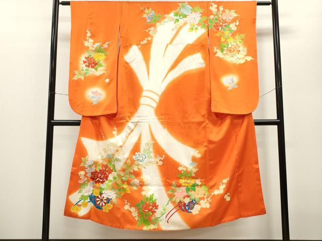 平和屋着物[]七五三　女の子　７歳　祝着　四つ身　駒刺繍　束ね熨斗花車文　暈し染め　金彩　逸品　CAAZ7002ze