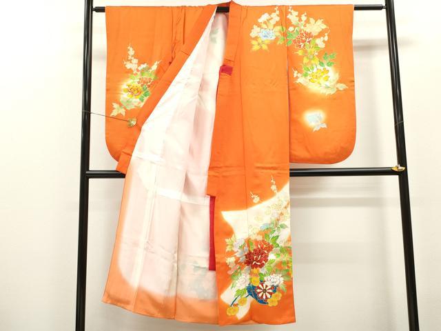 平和屋着物[]七五三　女の子　７歳　祝着　四つ身　駒刺繍　束ね熨斗花車文　暈し染め　金彩　逸品　CAAZ7002ze