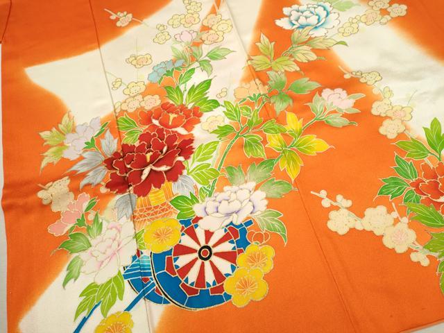 平和屋着物[]七五三　女の子　７歳　祝着　四つ身　駒刺繍　束ね熨斗花車文　暈し染め　金彩　逸品　CAAZ7002ze