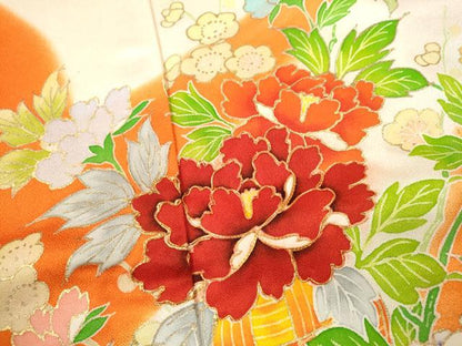平和屋着物[]七五三　女の子　７歳　祝着　四つ身　駒刺繍　束ね熨斗花車文　暈し染め　金彩　逸品　CAAZ7002ze