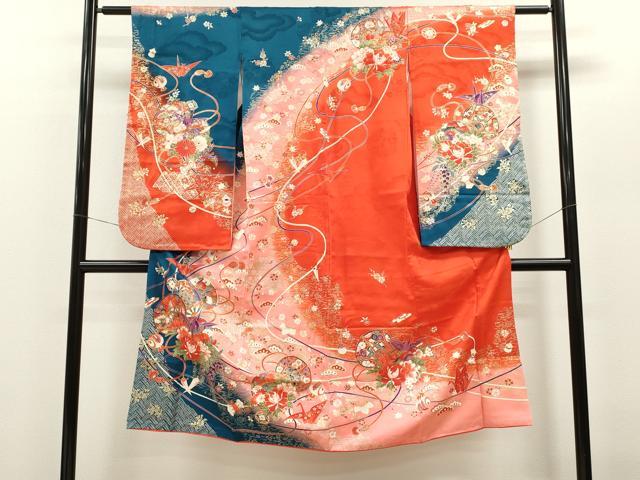 平和屋着物[]七五三　女の子　７歳　祝着　四つ身　折り鶴　鼓宝尽くし花文　暈し染め　金彩　逸品　CAAZ7003ze