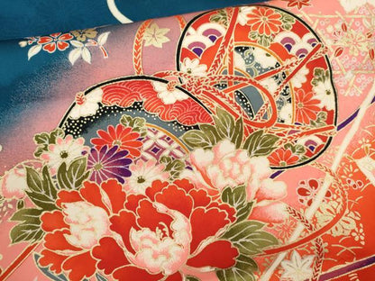 平和屋着物[]七五三　女の子　７歳　祝着　四つ身　折り鶴　鼓宝尽くし花文　暈し染め　金彩　逸品　CAAZ7003ze