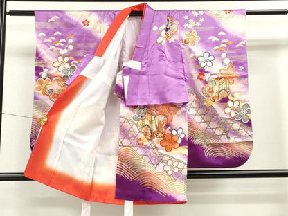 平和屋着物[]七五三　女の子　３歳　祝着　三つ身　流水御所車草花文　暈し染め　金彩　洗える着物　CAAZ7005ze