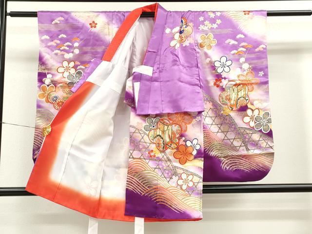 平和屋着物[]七五三　女の子　３歳　祝着　三つ身　流水御所車草花文　暈し染め　金彩　洗える着物　CAAZ7005ze