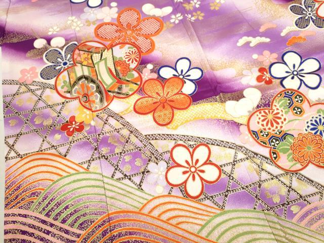 平和屋着物[]七五三　女の子　３歳　祝着　三つ身　流水御所車草花文　暈し染め　金彩　洗える着物　CAAZ7005ze