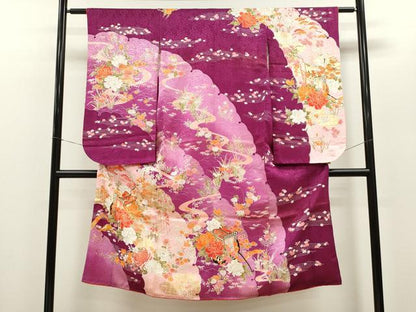 平和屋着物[]七五三　女の子　７歳　祝着　四つ身　松竹梅雪輪御所車草花文　暈し染め　金銀彩　CAAZ7006ze