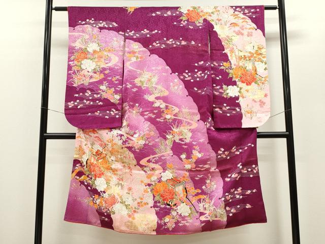 平和屋着物[]七五三　女の子　７歳　祝着　四つ身　松竹梅雪輪御所車草花文　暈し染め　金銀彩　CAAZ7006ze