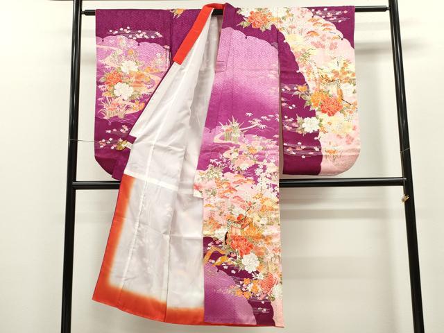 平和屋着物[]七五三　女の子　７歳　祝着　四つ身　松竹梅雪輪御所車草花文　暈し染め　金銀彩　CAAZ7006ze
