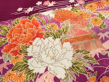 平和屋着物[]七五三　女の子　７歳　祝着　四つ身　松竹梅雪輪御所車草花文　暈し染め　金銀彩　CAAZ7006ze