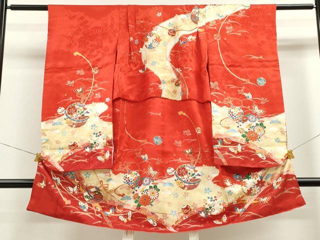 平和屋着物[]七五三　女の子　３歳　祝着　三つ身　駒刺繍　鈴舞蝶花文　金彩　逸品　CAAZ7009ze