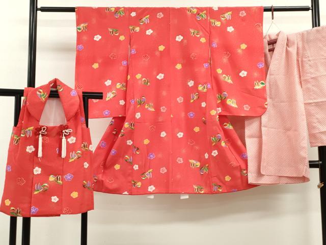 平和屋着物[]七五三　女の子　３歳　祝着　三つ身　長襦袢・被布セット　鴛鴦舞梅文　金彩　洗える着物　CAAZ7011ze