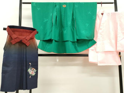 平和屋着物[]七五三　女の子　７歳　祝着　四つ身　長襦袢・行灯袴セット　寿字地紋　常磐色　洗える着物　CAAZ7014ze
