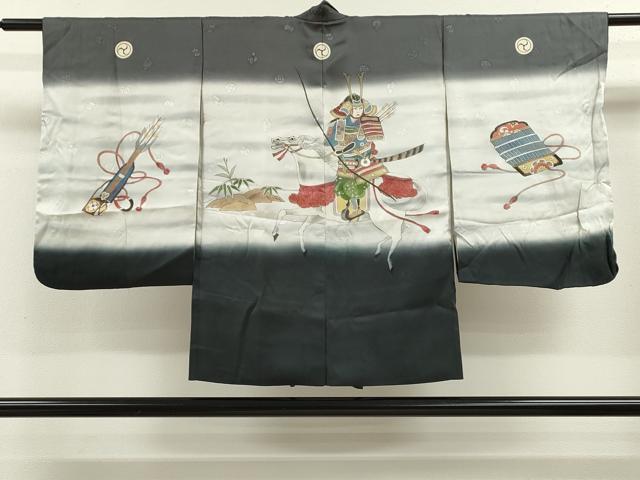 平和屋着物[]七五三　男の子　祝着・羽織セット　手描き　戦　藍海松茶色　暈し染め　金彩　逸品　CAAZ7015ze