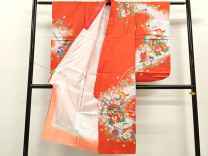 平和屋着物[]七五三　女の子　７歳　祝着　四つ身　流水鴛鴦鞠花文　暈し染め　金彩　逸品　CAAZ7017ze