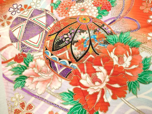 平和屋着物[]七五三　女の子　７歳　祝着　四つ身　流水鴛鴦鞠花文　暈し染め　金彩　逸品　CAAZ7017ze