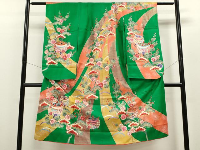 平和屋着物[]七五三　女の子　７歳　祝着　四つ身　松竹梅糸車吉祥花文　たたき染め　金彩　逸品　CAAZ7018ze