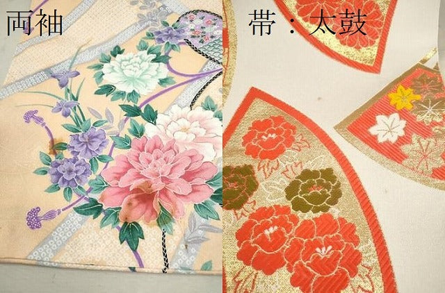 平和屋着物[]七五三　女の子　７歳　祝着　四つ身　袋帯セット　結び紐草花文　洗える着物　CAAZ7019ze