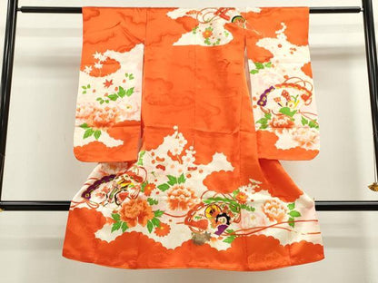 平和屋着物[]七五三　女の子　７歳　祝着　四つ身　駒刺繍　檜扇吉祥草花文　金彩　洗える着物　CAAZ7020ze