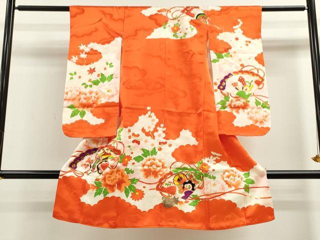 平和屋着物[]七五三　女の子　７歳　祝着　四つ身　駒刺繍　檜扇吉祥草花文　金彩　洗える着物　CAAZ7020ze