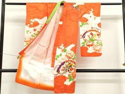 平和屋着物[]七五三　女の子　７歳　祝着　四つ身　駒刺繍　檜扇吉祥草花文　金彩　洗える着物　CAAZ7020ze