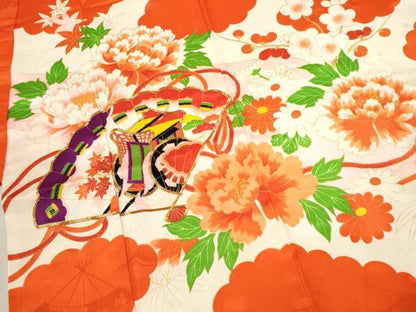 平和屋着物[]七五三　女の子　７歳　祝着　四つ身　駒刺繍　檜扇吉祥草花文　金彩　洗える着物　CAAZ7020ze