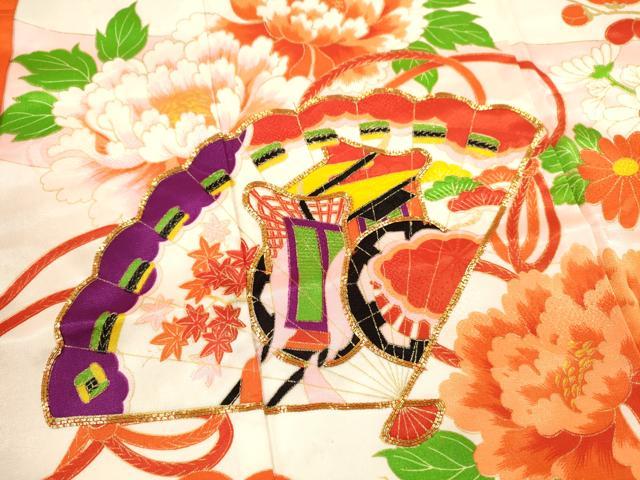 平和屋着物[]七五三　女の子　７歳　祝着　四つ身　駒刺繍　檜扇吉祥草花文　金彩　洗える着物　CAAZ7020ze