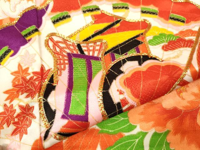 平和屋着物[]七五三　女の子　７歳　祝着　四つ身　駒刺繍　檜扇吉祥草花文　金彩　洗える着物　CAAZ7020ze