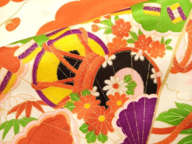平和屋着物[]七五三　女の子　７歳　祝着　四つ身　駒刺繍　檜扇吉祥草花文　金彩　洗える着物　CAAZ7020ze