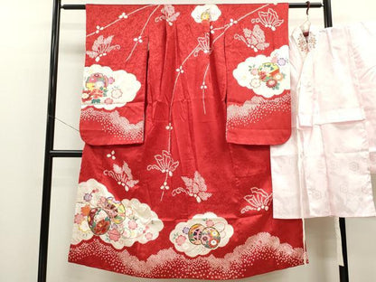 平和屋着物[]七五三　女の子　７歳　祝着　四つ身　長襦袢セット　鼓舞蝶草花文　金彩　逸品　CAAZ7023ze