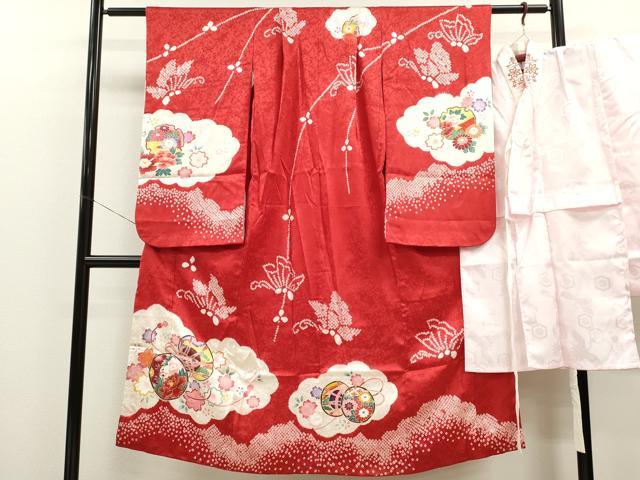 平和屋着物[]七五三　女の子　７歳　祝着　四つ身　長襦袢セット　鼓舞蝶草花文　金彩　逸品　CAAZ7023ze