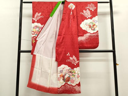 平和屋着物[]七五三　女の子　７歳　祝着　四つ身　長襦袢セット　鼓舞蝶草花文　金彩　逸品　CAAZ7023ze