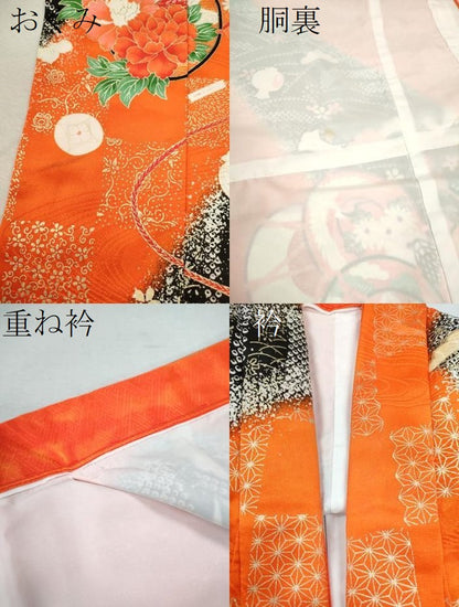 平和屋着物[]七五三　女の子　７歳　祝着　四つ身　鼓飛鶴宝尽くし花文　たたき染め　金彩　洗える着物　CAAZ7026ze