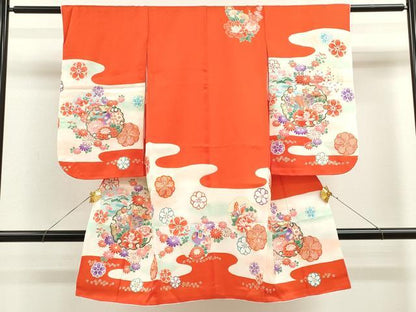 平和屋着物[]七五三　女の子　３歳　祝着　三つ身　雪輪重ね吉祥舞蝶花文　暈し染め　金彩　逸品　CAAZ7055ze