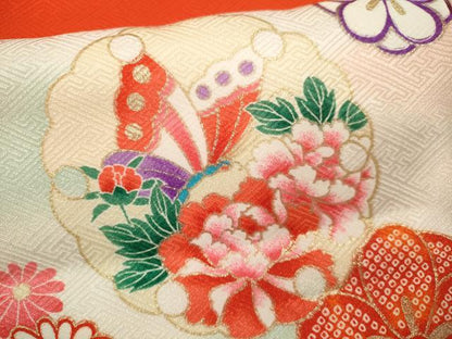 平和屋着物[]七五三　女の子　３歳　祝着　三つ身　雪輪重ね吉祥舞蝶花文　暈し染め　金彩　逸品　CAAZ7055ze