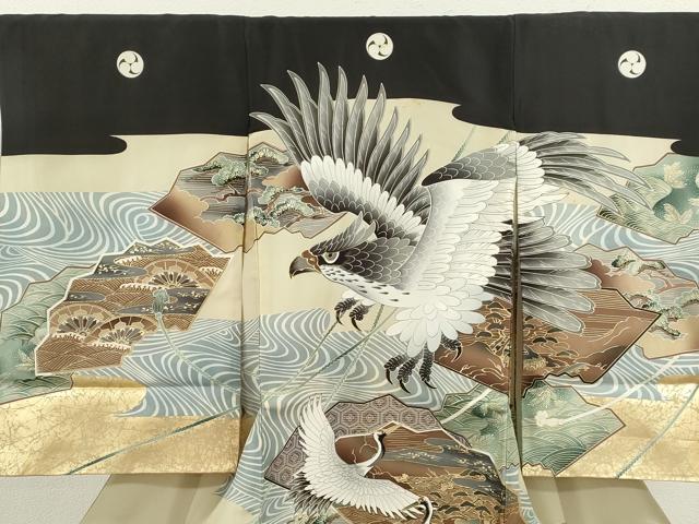 平和屋着物[]お宮参り　男の子　祝着　産着　初着　のしめ　鷹　飛鶴吉祥松文　金彩　逸品　CAAZ7059ze