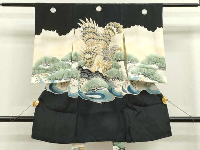 平和屋着物[]お宮参り　男の子　祝着　産着　初着　のしめ　手描き　刺繍　鷹　立波松文　金彩　逸品　CAAZ7065ze