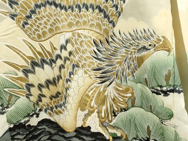 平和屋着物[]お宮参り　男の子　祝着　産着　初着　のしめ　手描き　刺繍　鷹　立波松文　金彩　逸品　CAAZ7065ze