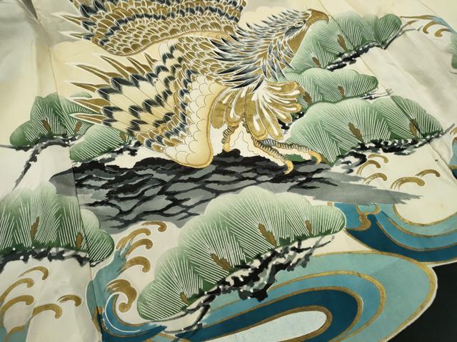 平和屋着物[]お宮参り　男の子　祝着　産着　初着　のしめ　手描き　刺繍　鷹　立波松文　金彩　逸品　CAAZ7065ze