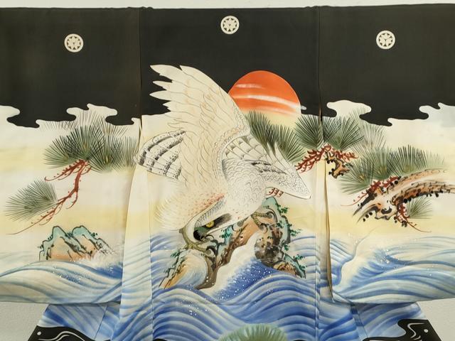 平和屋着物[]お宮参り　男の子　祝着　産着　初着　のしめ　手描き　刺繍　鷹　立波松文　金糸　逸品　CAAZ7067ze