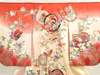 平和屋着物[]お宮参り　女の子　祝着　産着　初着　のしめ　鴛鴦舞蝶吉祥花文　暈し染め　金銀彩　逸品　CAAZ7069ze