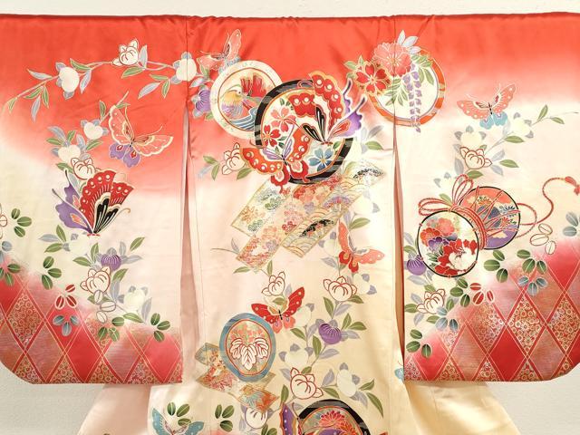 平和屋着物[]お宮参り　女の子　祝着　産着　初着　のしめ　鴛鴦舞蝶吉祥花文　暈し染め　金銀彩　逸品　CAAZ7069ze