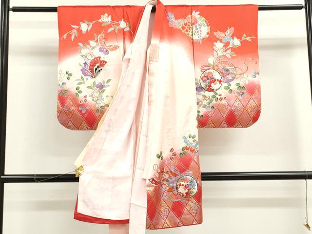 平和屋着物[]お宮参り　女の子　祝着　産着　初着　のしめ　鴛鴦舞蝶吉祥花文　暈し染め　金銀彩　逸品　CAAZ7069ze