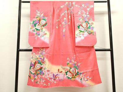 平和屋着物[]七五三　女の子　７歳　祝着　四つ身　長襦袢セット　花車舞蝶文　暈し染め　金彩　逸品　CAAZ7077ze