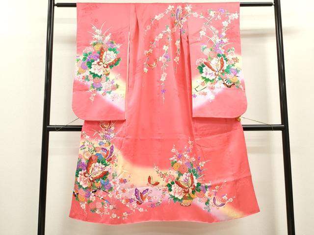 平和屋着物[]七五三　女の子　７歳　祝着　四つ身　長襦袢セット　花車舞蝶文　暈し染め　金彩　逸品　CAAZ7077ze