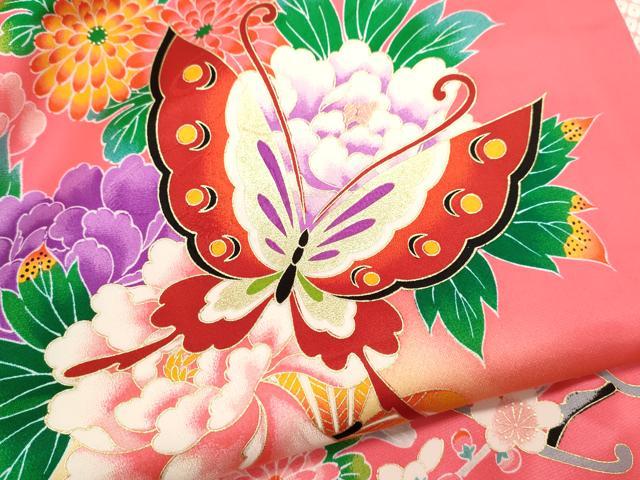 平和屋着物[]七五三　女の子　７歳　祝着　四つ身　長襦袢セット　花車舞蝶文　暈し染め　金彩　逸品　CAAZ7077ze